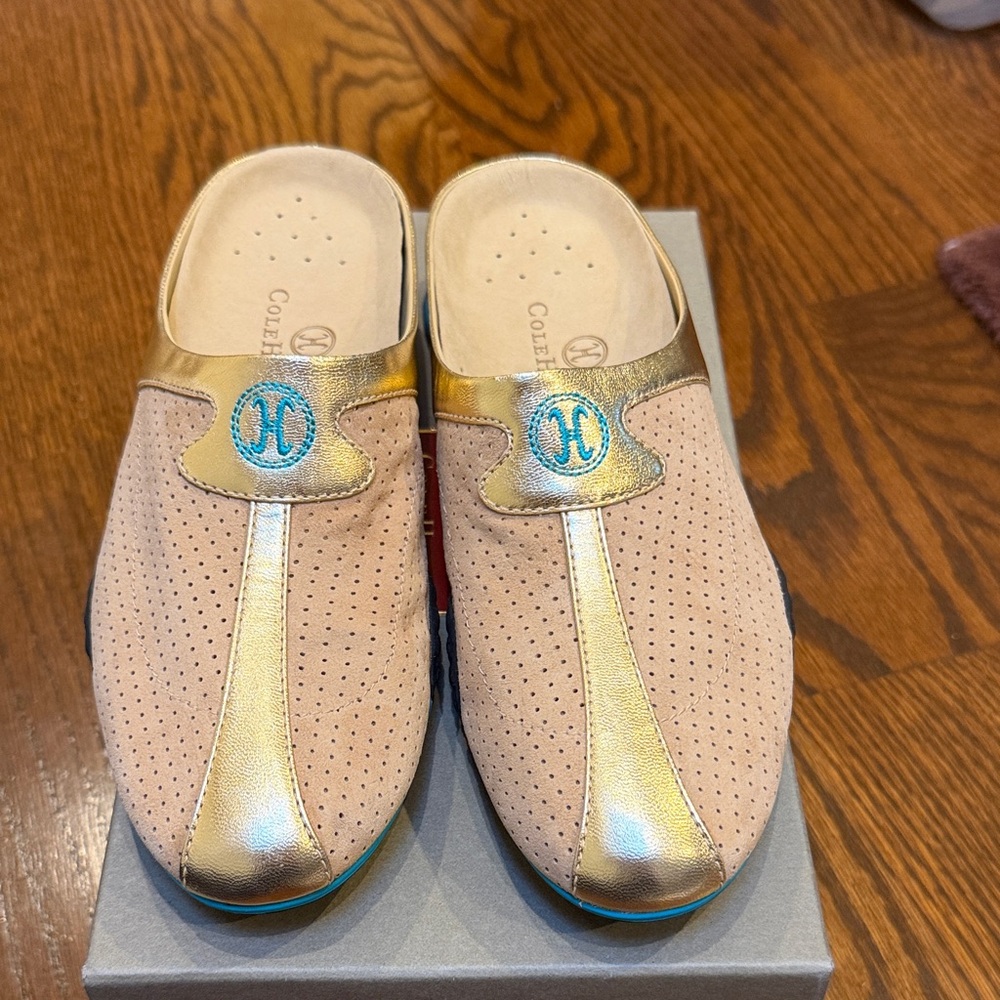 Cole Haan Beige Suede Slip-On Mules with Gold Trim and Turquoise Logo